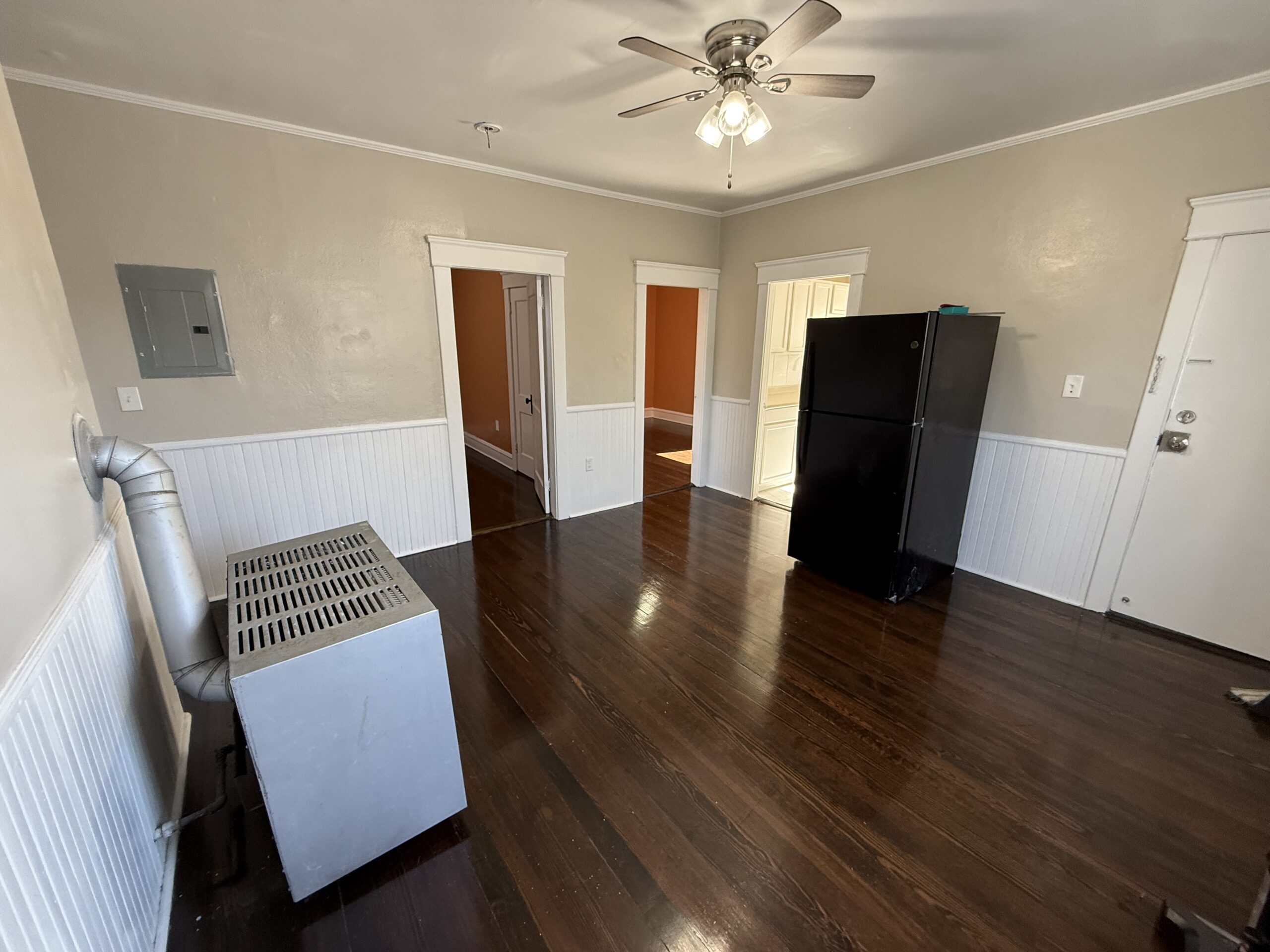 Eat-in dining area with ceiling fan, fridge, and gas heater at 170 King Street Unit 2, Fall River MA