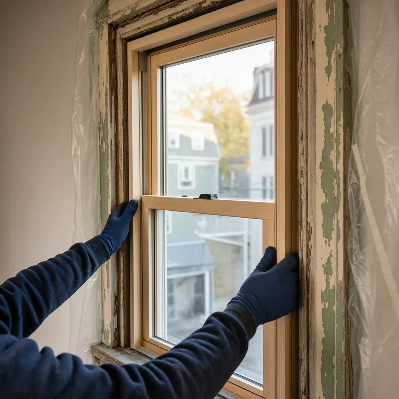 Gloved hands setting a new double-hung window into an old triple-decker opening during deleading