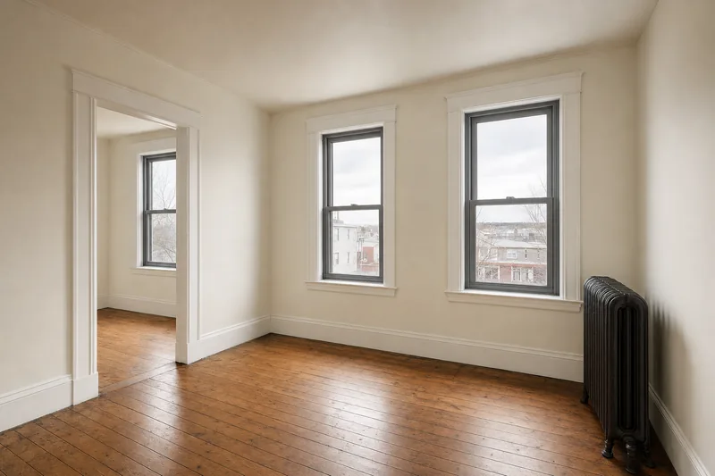 Empty repainted Fall River unit with restored double-hung windows, cast-iron radiator, and worn fir floors