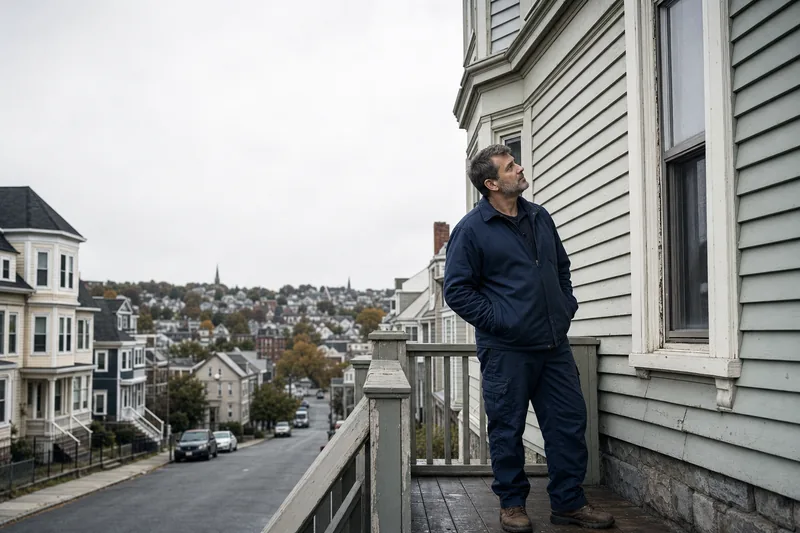 Property owner on a Fall River triple-decker porch reviewing pre-1978 clapboard and window trim