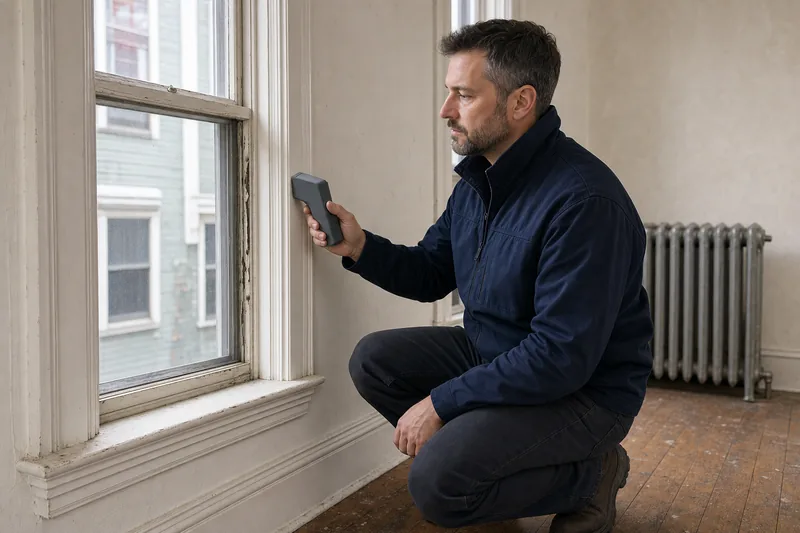 Inspector holding a handheld XRF analyzer against painted window trim in a Fall River unit